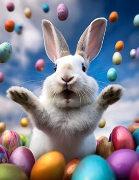 A white rabbit with outstretched arms amidst colorful Easter eggs against a blue sky. Generative AI.