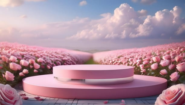 A pink platform surrounded by roses and a field of pink flowers under a blue sky with fluffy clouds. Generative AI.