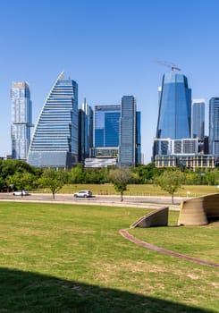 Austin, TX - 10 April 2025: Downtown City skyline with Google Block 185 and The Republic building under construction