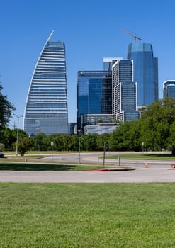 Austin, TX - 10 April 2025: Downtown City skyline with Google Block 185 and The Republic building under construction