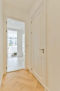Bright and airy modern hallway showcasing minimalist style elements, featuring a wooden floor and clean lines, leading to a well-lit living space.