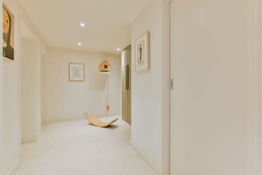 A sleek and modern hallway featuring soft lighting, minimalist decor, and stylish wall art, creating a serene and inviting atmosphere.