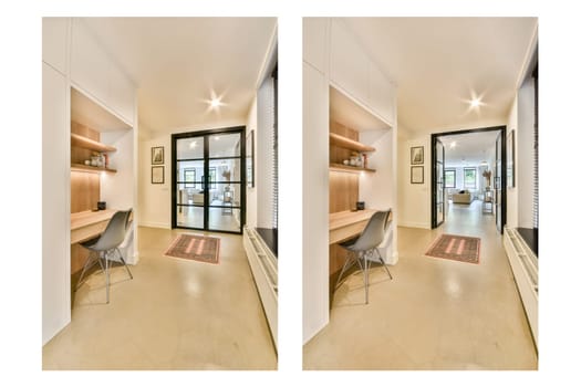 A contemporary interior space featuring a sleek workspace with natural light, minimal decor, and functional design elements. Ideal for productivity and aesthetics.