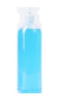 Light blue antibacterial soap dispensing from transparent plastic container, highlighting sanitary hand washing and germ prevention against pristine white surface, png