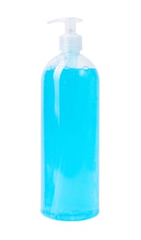 Blue antibacterial soap with bubbles, in a transparent plastic container with a dispenser, for washing hands from dirt and protecting against germs, hygiene concept, isolated on white background