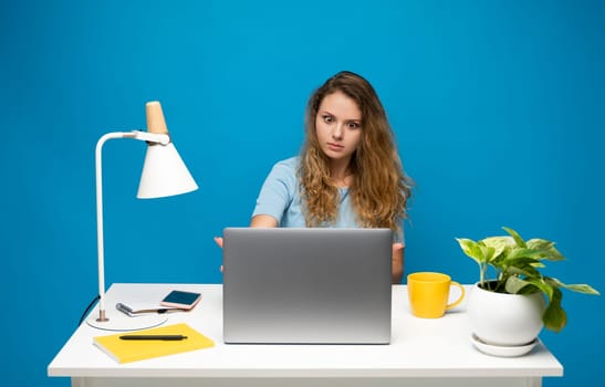 Shocked business woman or student sitting in front of laptop computer looking at screen blue wall background. Funny face expression emotion feelings problem perception reaction