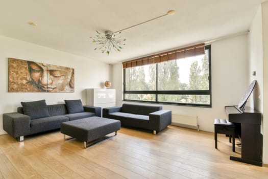 A stylish modern living room featuring contemporary furniture, large windows for natural light, and artistic wall decor, creating a cozy and inviting atmosphere.