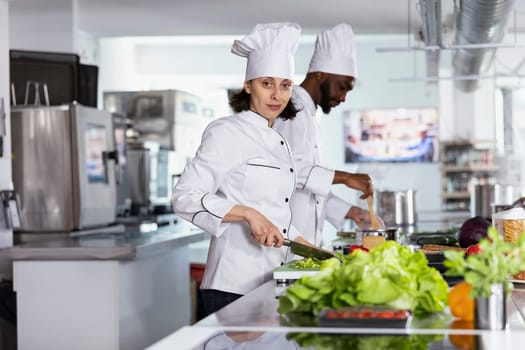 Chef chopping vegetables on a cutting board and preparing ingredients in a modern commercial kitchen. Woman cooking flavorful recipes and fine dining gourmet dishes, chef life.