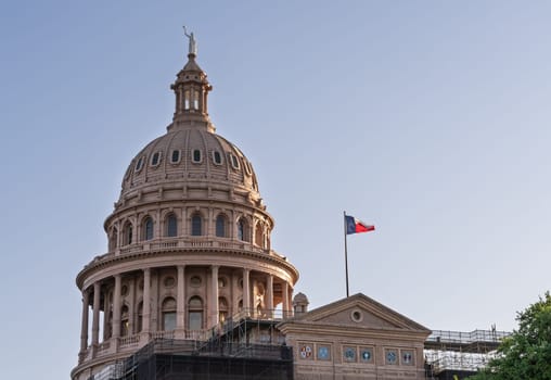 Detail of the dome of the Texas State Capitol building in Austin with renovation underway with scaffolding