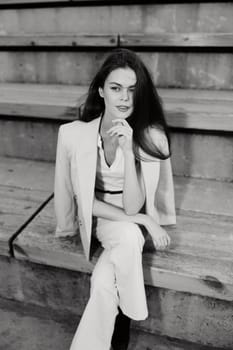 A confident businesswoman dressed in a tailored outfit, showcasing a blend of professionalism and style, captured in a sleek urban environment.