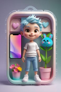 Charming male 3D character with blue hair and a friendly smile, wearing a white shirt and blue jeans, inside a transparent display case with vibrant elements like a smartphone and plush bunny.