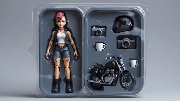 A young woman stands next to her motorcycle, holding a camera. She is wearing a black leather jacket and shorts, and has a pink streak in her hair. The motorcycle is black and has a vintage look.