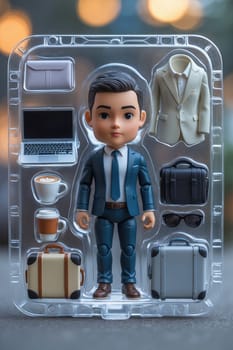 This businessman action figure comes with accessories like a laptop, briefcase, and sunglasses. Dressed in a blue suit, it stands in a clear case with organized accessories.