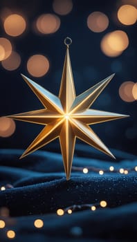 This enchanting stock image features a glowing silver star against a black velvet backdrop, beautifully enhanced by golden bokeh effects, making it perfect for festive and holiday-themed designs.