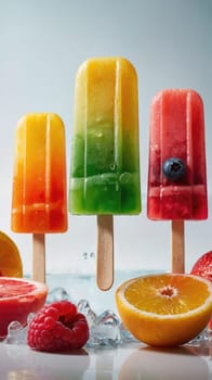 A colorful display of three refreshing fruit popsicles in green, red, and orange hues rests beside a sparkling pool. Fresh strawberries, blueberries, and kiwi accompany the popsicles on the table.