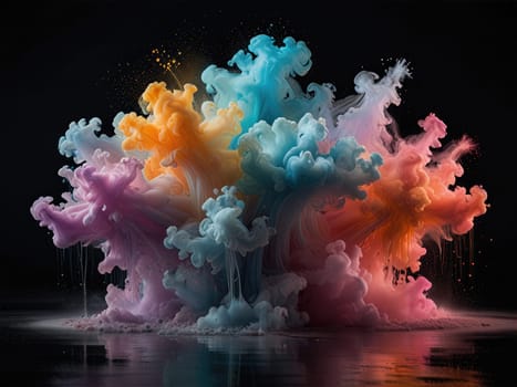 A vibrant explosion of colors bursts against a deep black background, showcasing a stunning display of colorful powder. This captivating image radiates energy and creativity for artistic projects.