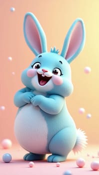 A cute blue rabbit stands on a pink background, featuring a cheerful expression. This cartoon character has a fluffy look and is engaging with the viewer, radiating joy and playfulness.