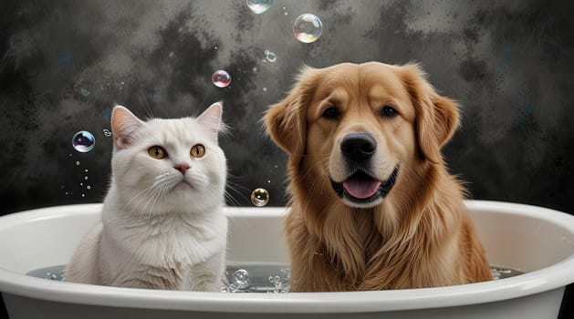 The dog has a joyful expression, its tail wagging energetically. The cat appears curious, with wide eyes and perked ears, as they both explore a vibrant, light blue background.