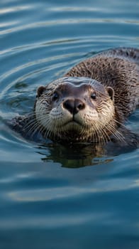 A cute otter bobs in the water, its face above the surface. With sleek brown fur glistening in sunlight, it shows a playful expression, enjoying a fun moment in its natural habitat.