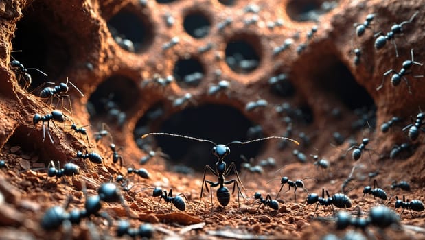 A black ant standing strong on its mound, showcasing its intricate features. The ant is isolated against a solid color background, with a beautifully blurred green backdrop enhancing its presence.