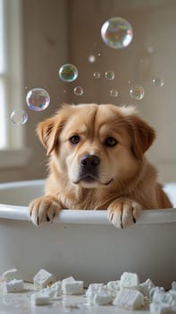 A cheerful golden retriever sits in a bathtub filled with bubbles, looking up joyfully. Its wet fur shines, and bubbles float around, creating a delightful and playful atmosphere.