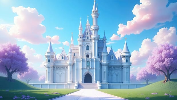 This is a magical castle with blue turrets and pink flowers in front. It is a beautiful and enchanting place that is perfect for a fairytale wedding or a magical adventure.