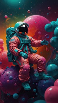 An astronaut in a bright pink spacesuit with a bubble helmet floats in colorful bubbles of blue, green, yellow, and pink, creating a whimsical scene perfect for space and science themes.