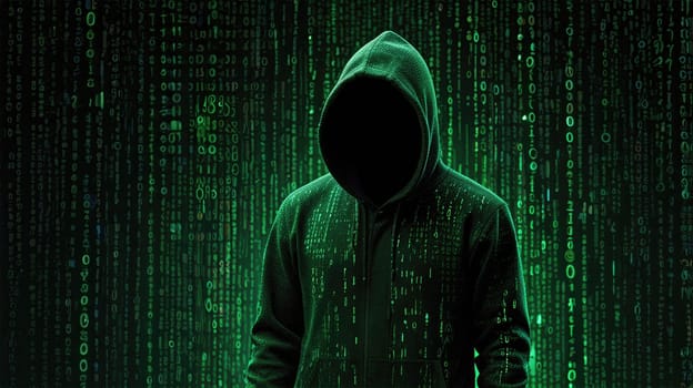 A person dressed in a hoodie stands with their back to the camera, immersed in a digital landscape of green binary code, symbolizing the enigmatic world of hacking and cyber security.