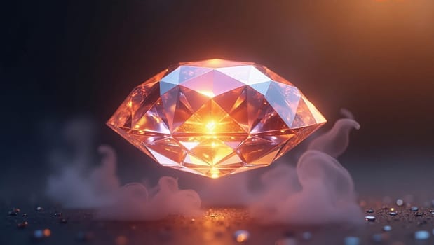 A captivating glowing diamond floats against a dark background. Its brilliant cut reflects light, creating a mesmerizing sparkle that enchants viewers. The soft illumination enhances its beauty.