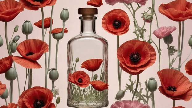 Graceful glass bottle filled with fresh red poppies standing on a pink background. Delicate floral composition for home interior, festive decoration, or elegant gift.