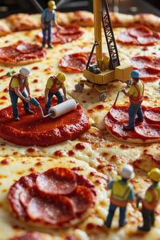 Small construction workers in hard hats work together to build a pizza. One worker operates a crane, while others lay the foundation, spread sauce, and place toppings.