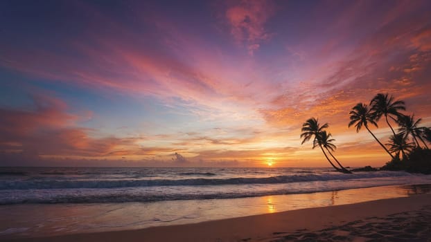 A beautiful tropical beach sunset with palm trees and waves crashing on the shore. This scene is perfect for a relaxing vacation or summer getaway, inviting tranquility and peace to the viewer.