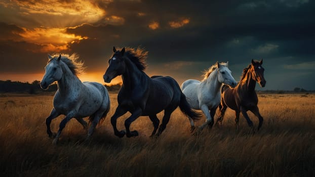The image captures four black horses galloping gracefully in an open field at sunset, their manes flowing and the vibrant sky painted in shades of orange and pink, creating a stunning backdrop.