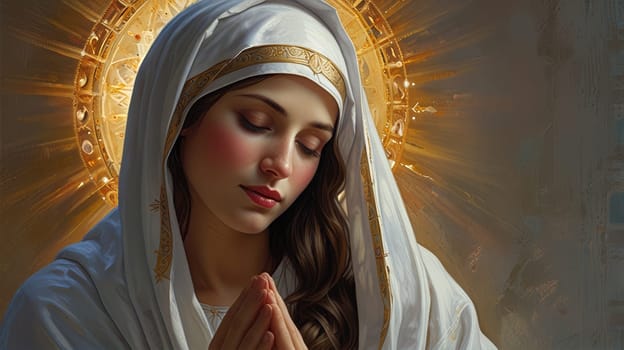 In this captivating portrait, a young woman exudes tranquility, adorned with a delicate white headscarf that frames her face. Her serene expression invites viewers to appreciate her inner peace.