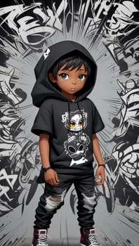 A young man in a black hoodie with a graffiti background. He is wearing a black hoodie, black pants, and orange shoes. He has his hood up and is looking at the camera with a confident expression.