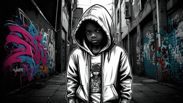 A young African American boy in a white urban streetwear hoodie stands against a gray background, displaying a serious expression while looking directly at the camera.