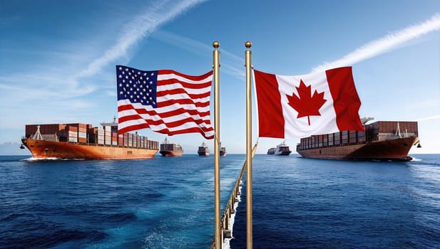 Large container ship sailing through ocean waters with American and Canadian flags waving proudly. Tariffs concept.