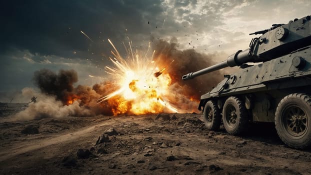 A dramatic war scene unfolds with tanks firing and explosions lighting up the smoky sky. This powerful imagery captures the chaos of military conflict, ideal for exploring the human experience in war.