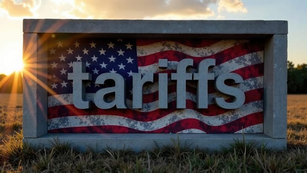 A wooden sign painted white with red and blue lettering shows the word tariffs against an American flag background during sunset, with a camera stand on the left side of the sign.