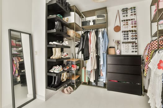 A sleek modern wardrobe showcasing organized clothing and accessories, featuring a mirror and well-arranged shelves for optimal space utilization.