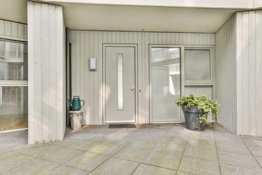 A sleek, modern entrance featuring a light gray door, large windows, and stylish plants in pots. The clean lines and simplicity create an inviting atmosphere.