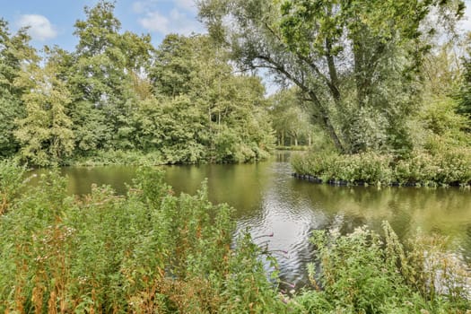 A calm river flows through a vibrant landscape filled with verdant trees and lush plants, creating a serene natural environment perfect for relaxation.