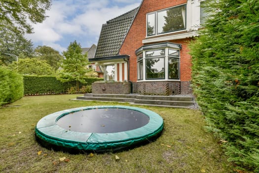 A vibrant backyard featuring a trampoline nestled amongst lush greenery, offering a playful atmosphere ideal for family activities and outdoor fun.