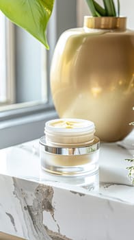 Cosmetic cream in a glass jar. Skin care concept. Background for beauty products