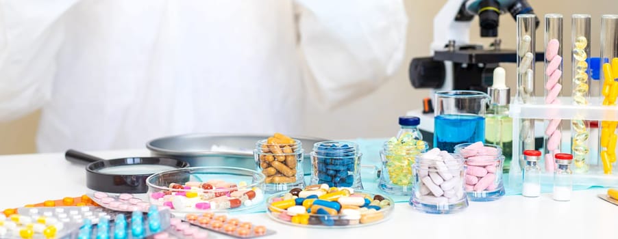examine drugs in the laboratory. Selective focus. pills.
