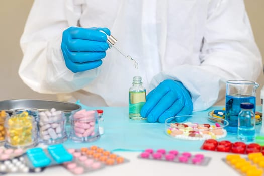 examine drugs in the laboratory. Selective focus. pills.