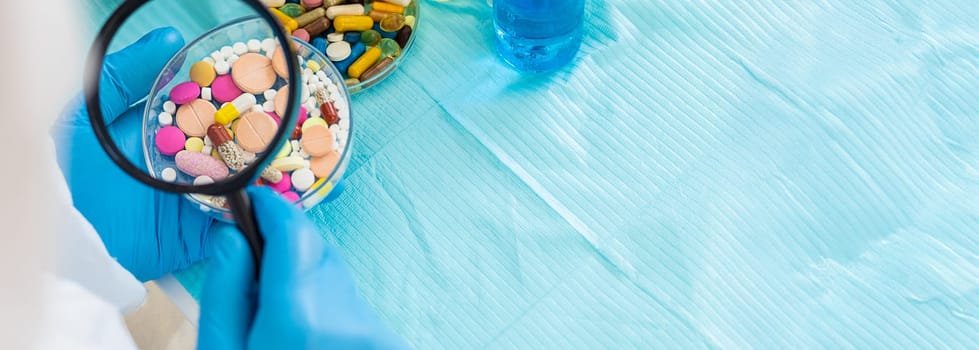 examine drugs in the laboratory. Selective focus. pills.