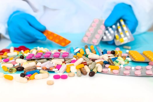 examine drugs in the laboratory. Selective focus. pills.