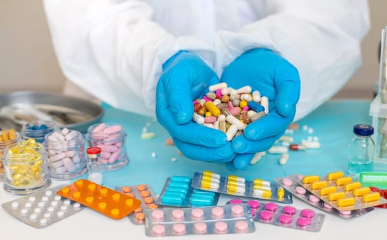 examine drugs in the laboratory. Selective focus. pills.