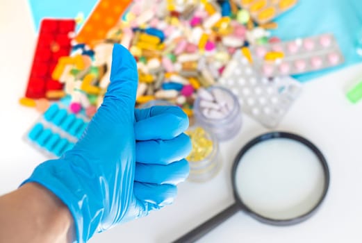 examine drugs in the laboratory. Selective focus. pills.